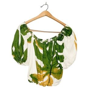 Rachel Zoe Women’s Linen Blend Tropical Palm Print Puff Sleeve Crop Top‎ Large L